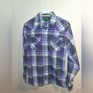 Vigo Jeans Pearl Snap Western Long Sleeve Shirt Mens Purplr Gray Plaid S